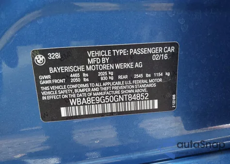 2016 BMW 328I from USA, damaged, VIN WBA8E9G50GNT84852